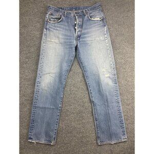 Levis 501 Jeans Mens 35x34 Blue Button Fly Straight Leg Distressed Faded Denim